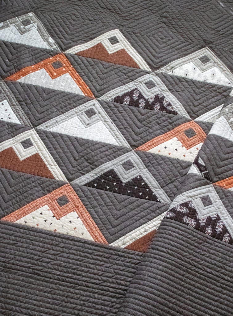 Mountainside quilt by Lella Boutique. Fabric is Smoke & Rust by Lella Boutique for Moda Fabrics. Make it with fat eighths. Great boy or modern quilt. Fabric is Smoke & Rust by Lella Boutique for Moda Fabrics