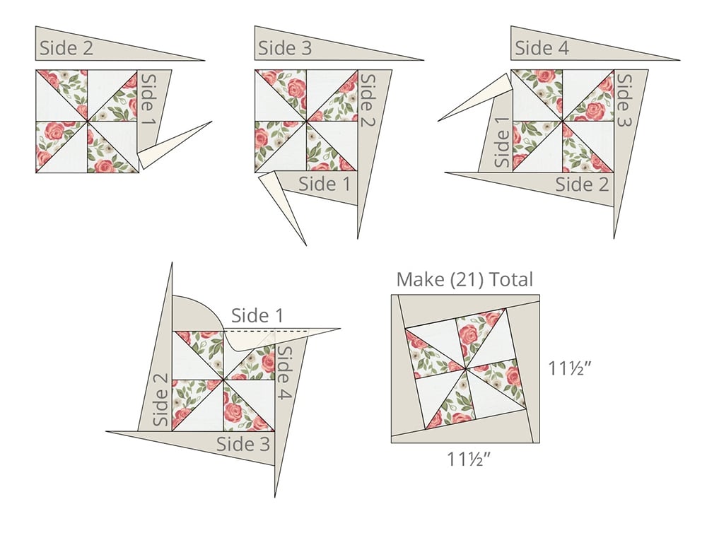 how to sew partial seams; Shuffle charm pack quilt. Really cute pinwheel quilt in Love Note fabric by Lella Boutique for Moda Fabrics.