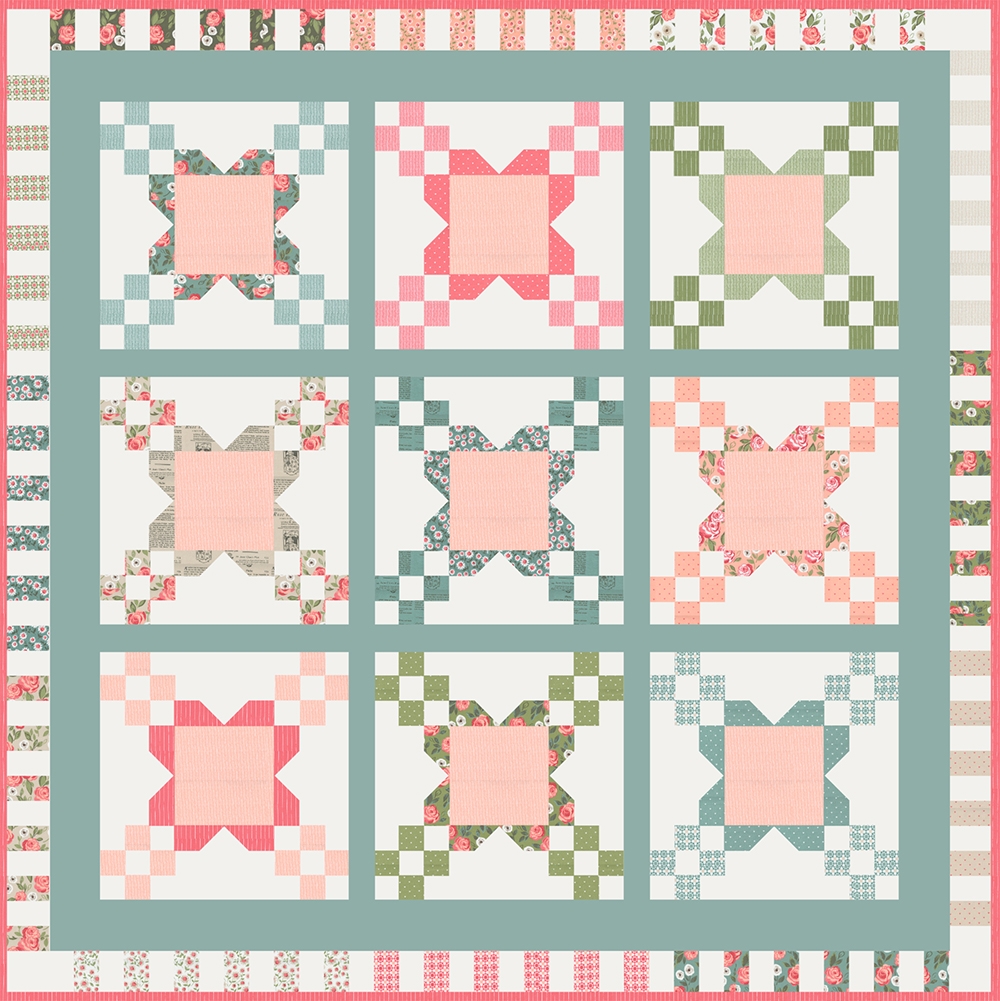 Bloomington flower quilt pattern by Vanessa Goertzen of Lella Boutique. Make it with a jelly roll! Fabric is Love Note by Lella Boutique for Moda Fabrics.