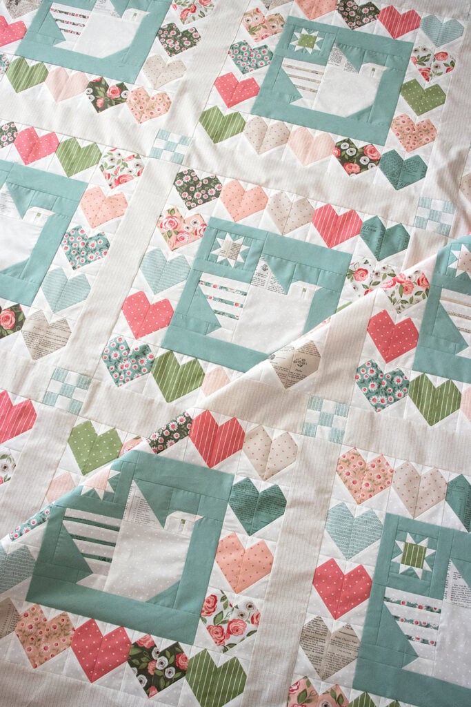 Lovey Dovey quilt by Vanessa Goertzen of Lella Boutique. Such a cute combo or pieced doves and hearts. Fabric is Love Note by Lella Boutique for Moda Fabrics.