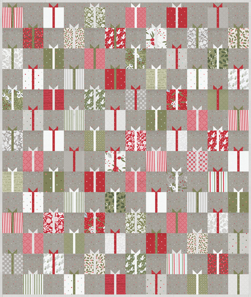 Gift Swap Christmas present quilt by Lella Boutique. Fabric is Christmas Morning by Lella Boutique for Moda Fabrics. Make it with charm packs, layer cakes, or fat quarters!