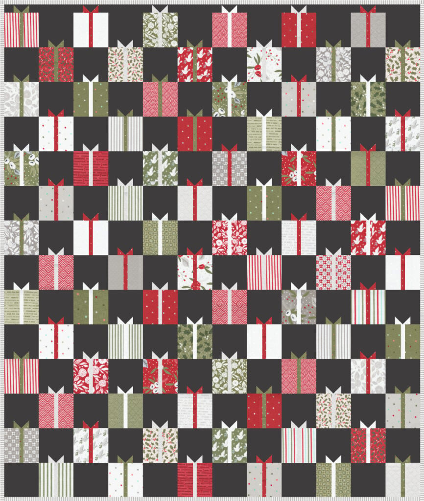 Gift Swap Christmas present quilt by Lella Boutique. Fabric is Christmas Morning by Lella Boutique for Moda Fabrics. Make it with charm packs, layer cakes, or fat quarters!