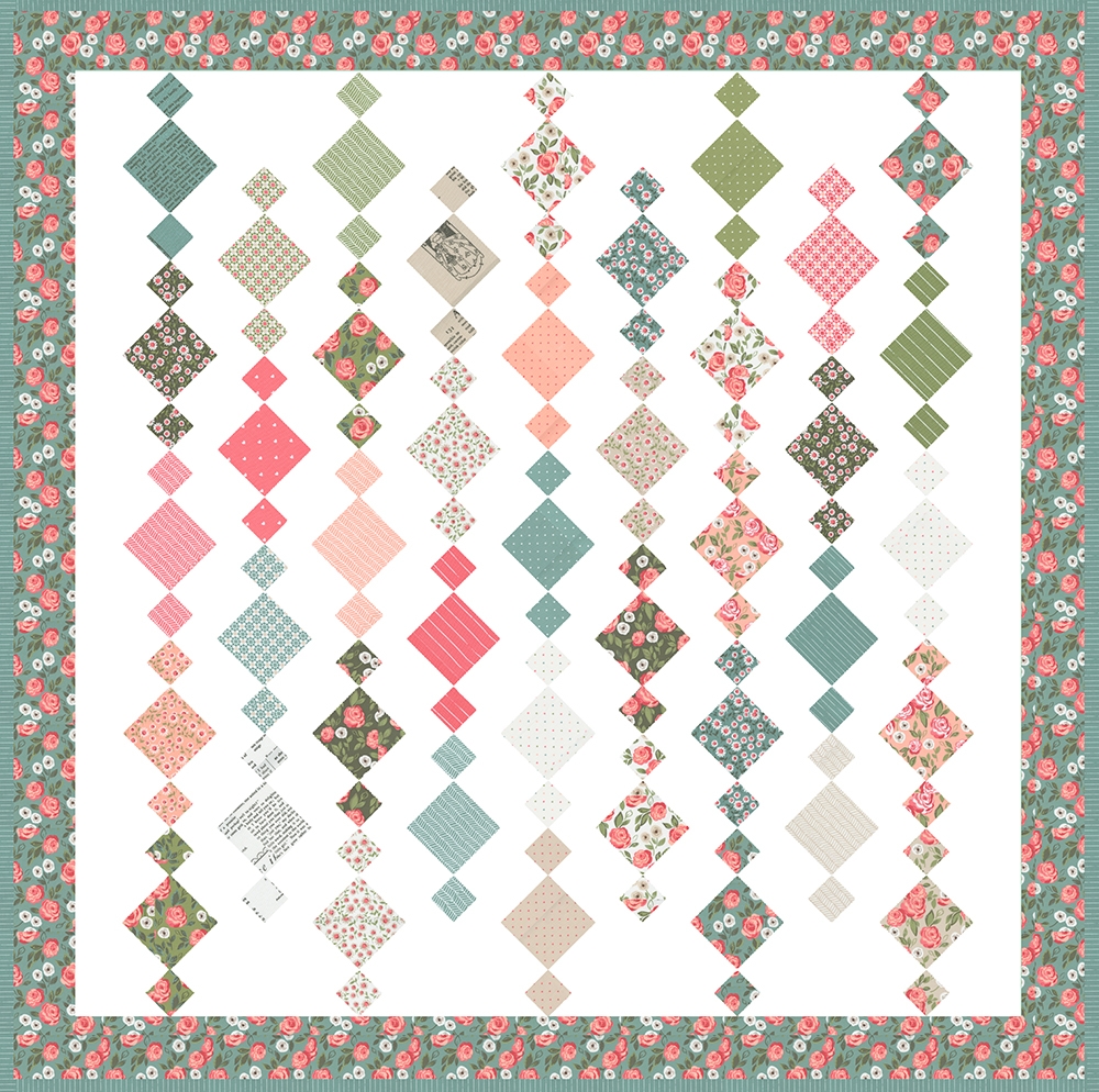 Chandelier charm pack quilt in Love Note fabric by Lella Boutique. FREE PDF pattern. Original pattern found in Vanessa's book: Charm School - 18 Quilts from 5" Squares
