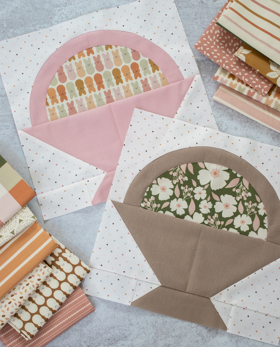 Gather Easter Basket quilt blocks by Vanessa Goertzen of Lella Boutique. Fabric is Easter Party by Indy Bloom Designs. Great intro to curved piecing.