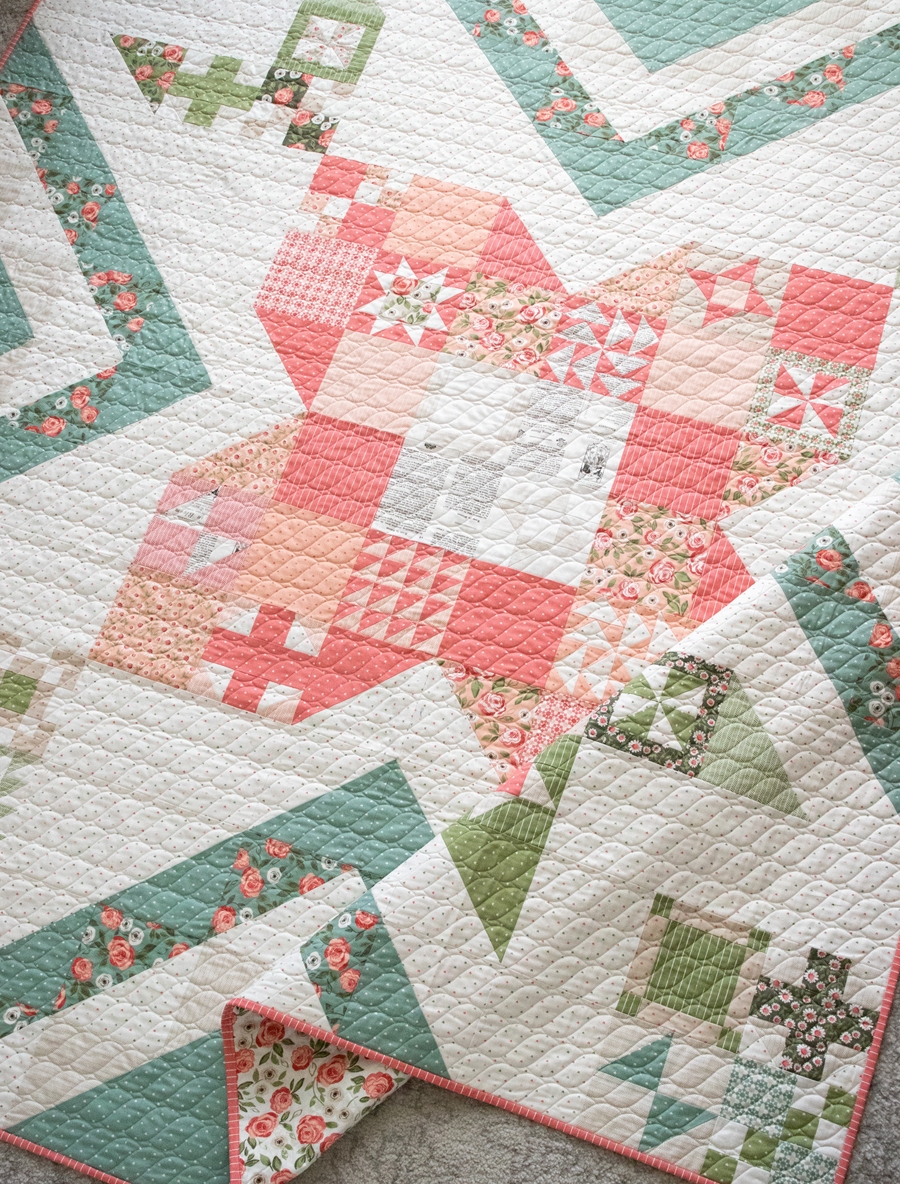 Rose in Bloom block of the month quilt by Vanessa Goertzen of Lella Boutique. Sampler style quilt made in Love Note fabric by Lella Boutique for Moda Fabrics.