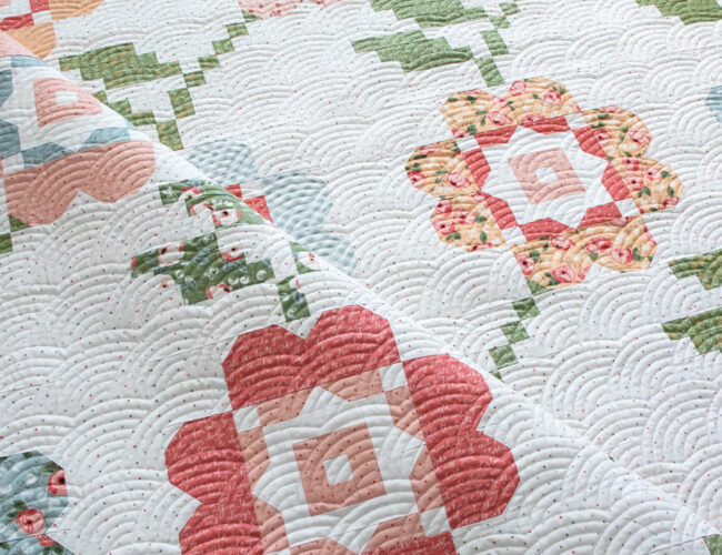Bloomers flower quilt by Vanessa Goertzen of Lella Boutique. Make it with fat eighths. Fabric is Country Rose by Lella Boutique for Moda Fabrics.