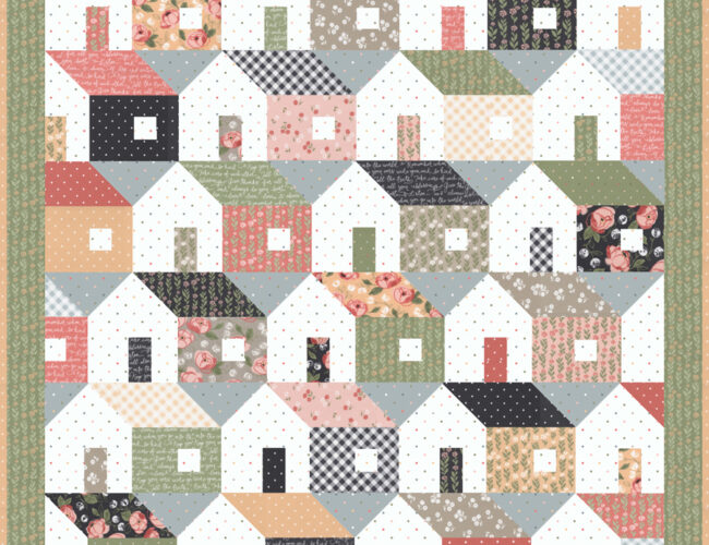 Home Again quilt by Lella Boutique. Cute house quilt blocks made with fat eighths. Fabric is Country Rose by Lella Boutique for Moda Fabrics.