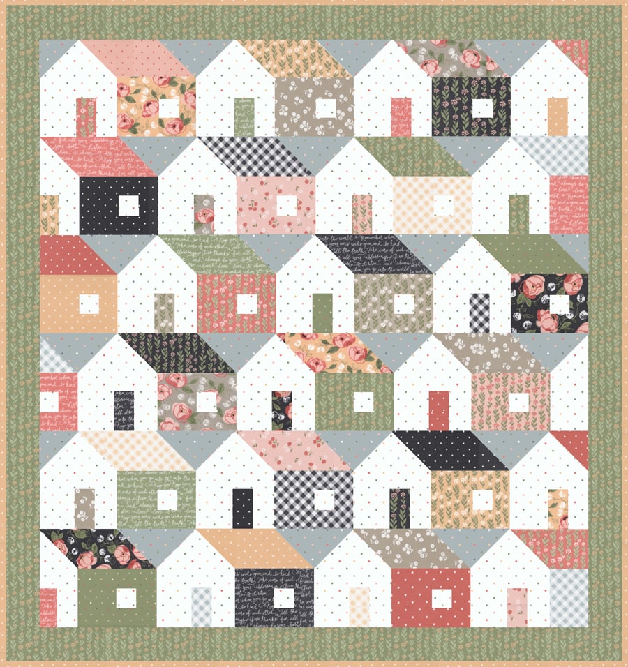 Home Again quilt by Lella Boutique. Cute house quilt blocks made with fat eighths.  Fabric is Country Rose by Lella Boutique for Moda Fabrics.