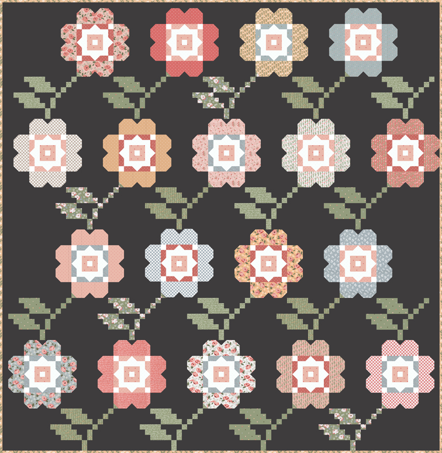 Bloomers flower quilt by Lella Boutique. This flower design was inpired by a vintage cross stitch pattern. Fabric is Country Rose by Lella Boutique for Moda Fabrics.