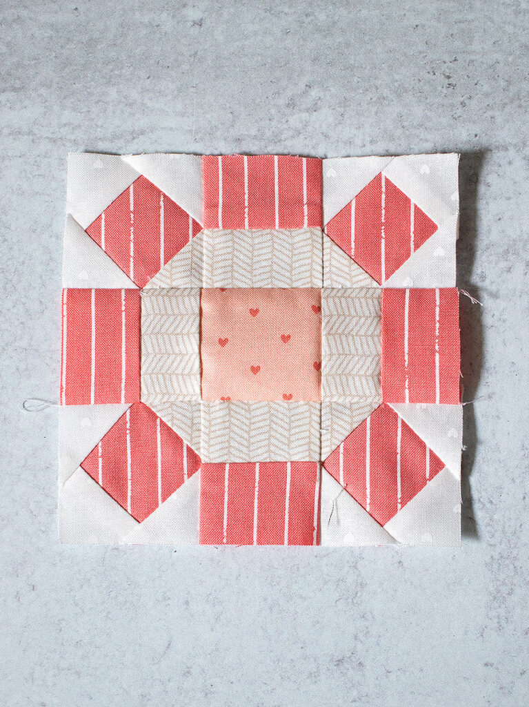 Moda Blockheads 4: free block of the week. Block 1 is "Square Wheel" by Lynne Hagmeier of Kansas Troubles. Fabric is Love Note by Lella Boutique for Moda Fabrics