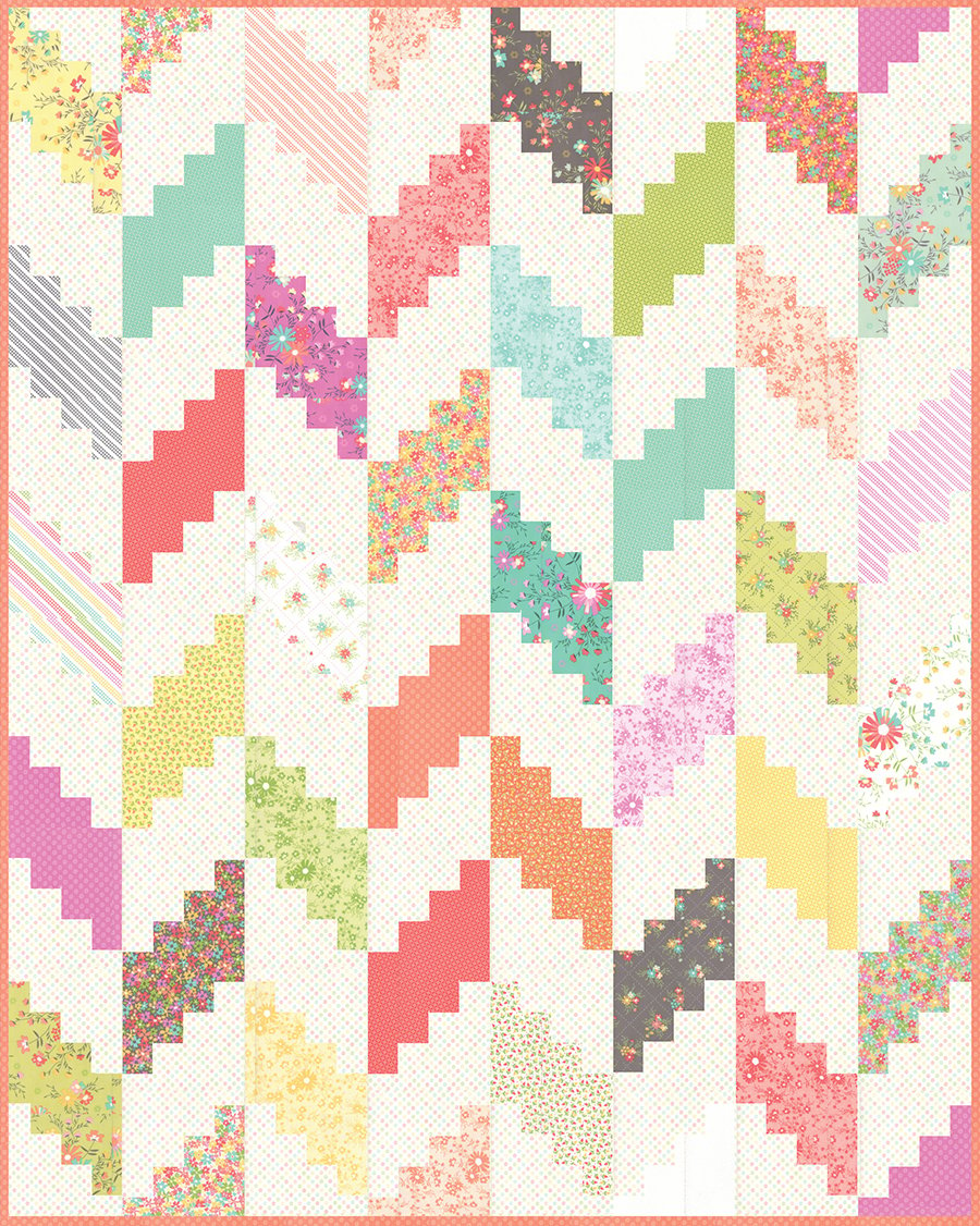 Marbled Cheesecake jelly roll quilt by Vanessa Goertzen. Quilt pattern found in the book, "Jelly Filled - 18 Quilts from 2-1/2" Strips." Cute herringbone quilt design in Sunnyside Up fabrics by Corey Yoder.