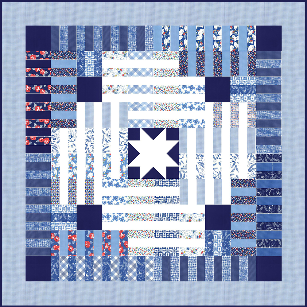 Potluck log cabin quilt by Vanessa Goertzen. Fabric is  True Blue Feedsacks by Linzee McCray for Moda Fabrics.