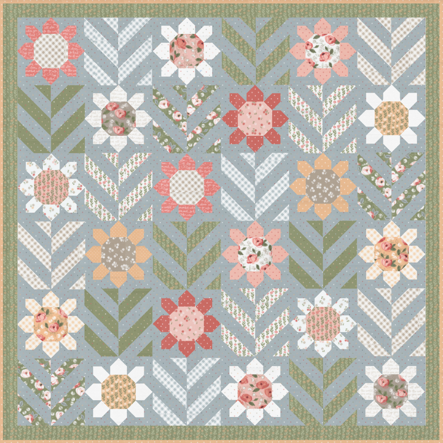 Spring Fling flower quilt by Lella Boutique. Fabric is Country Rose by Lella Boutique for Moda Fabrics arriving August/September 2022.