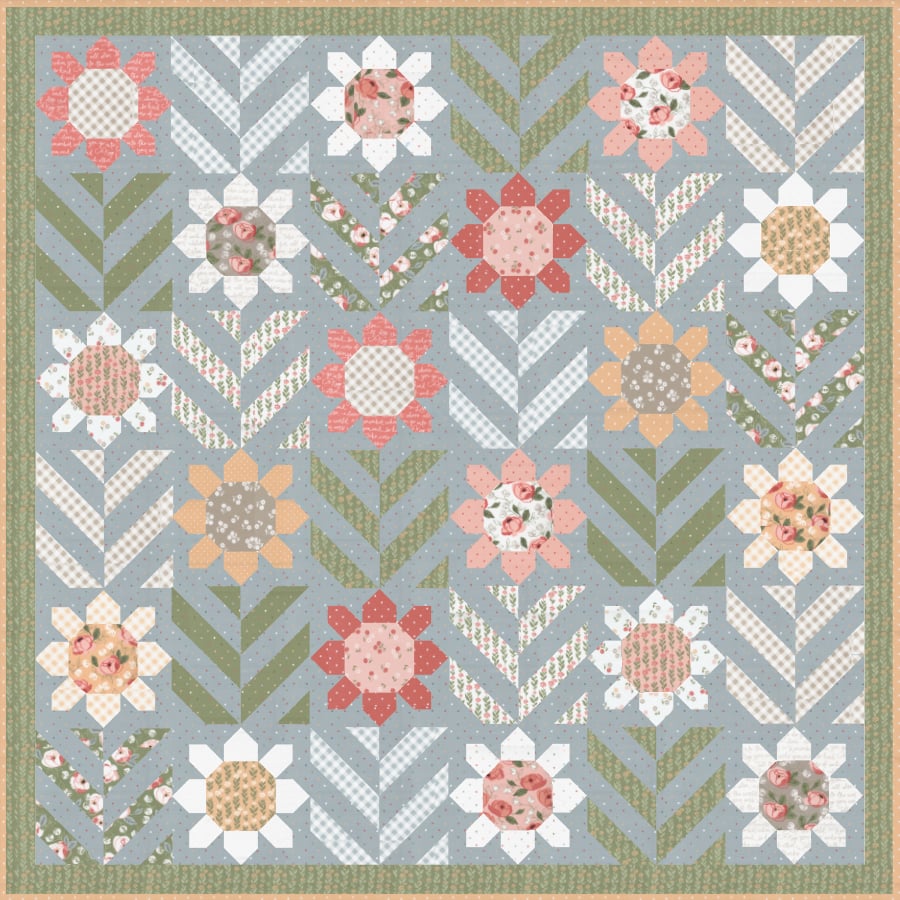 Spring Fling flower quilt by Lella Boutique. Fabric is Country Rose by Lella Boutique for Moda Fabrics arriving August/September 2022.