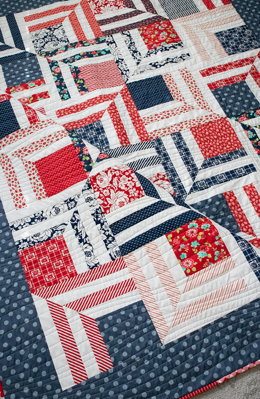 Fracture modern log cabin quilt by Lella Boutique. Cool patriotic quilt in Bonnie & Camille fabrics.