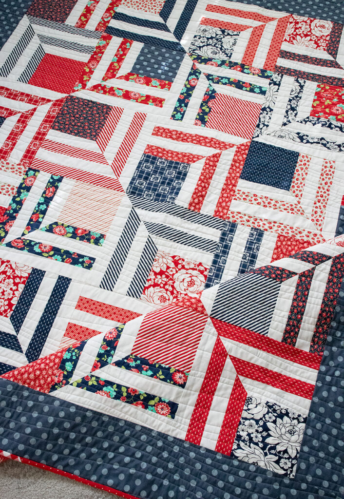 Fracture modern log cabin quilt by Lella Boutique. Cool patriotic quilt in Bonnie & Camille fabrics.