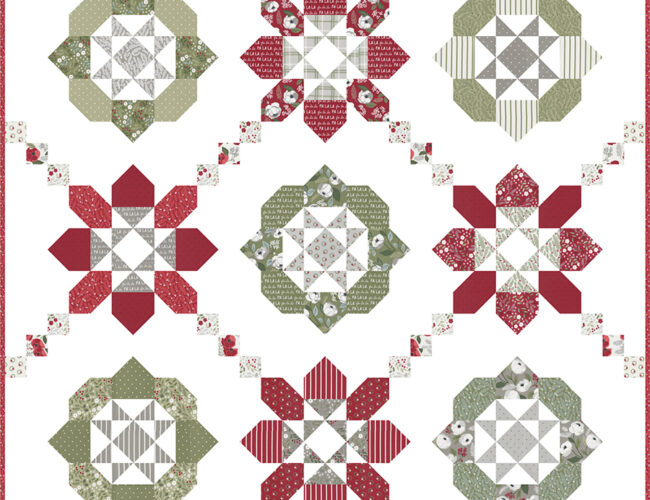 Aurora layer cake quilt pattern in Christmas Eve fabric by Lella Boutique. Aurora quilt pattern found in Melissa Corry's book Fast & Fun Lap Quilts