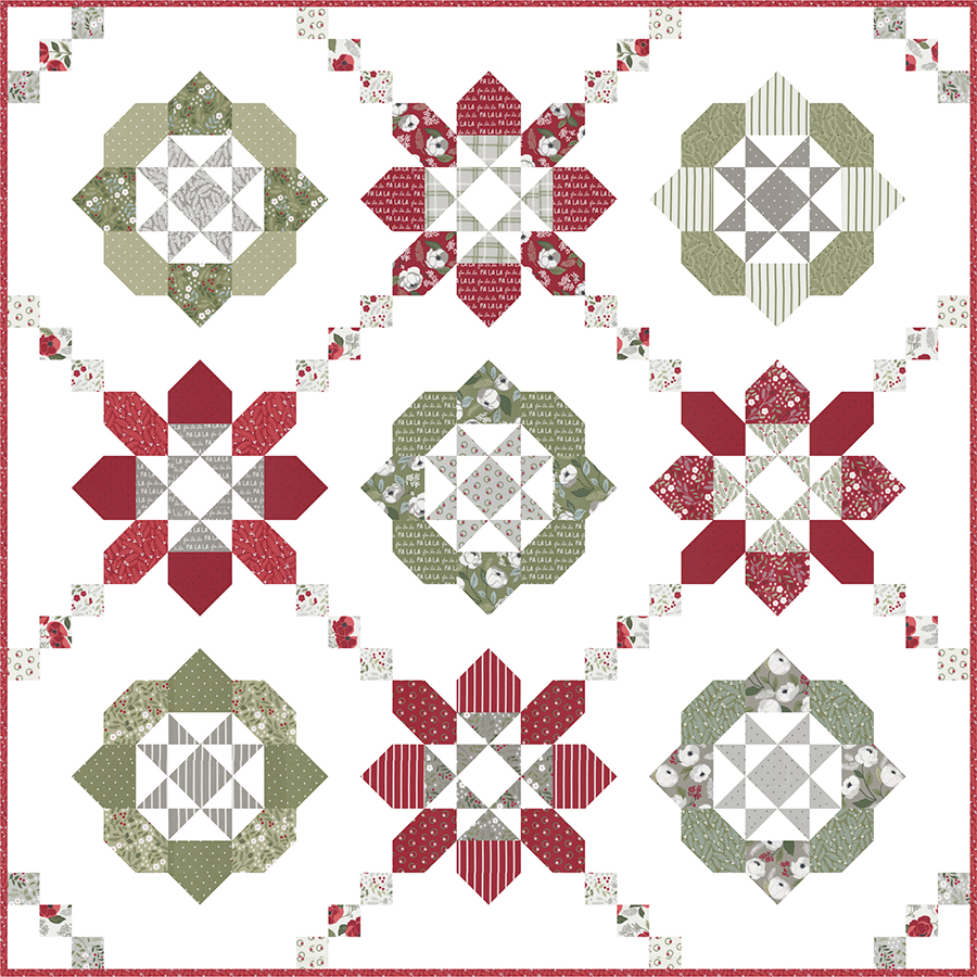 Aurora layer cake quilt pattern in Christmas Eve fabric by Lella Boutique. Aurora quilt pattern found in Melissa Corry's book Fast & Fun Lap Quilts