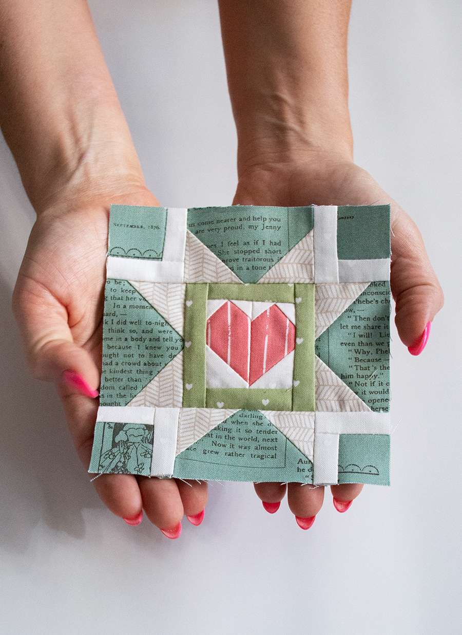 Moda Blockheads 4 free block of the week. Block 25 is "Heart" by Lella Boutique. Fabric is Love Note by Lella Boutique for Moda Fabrics.