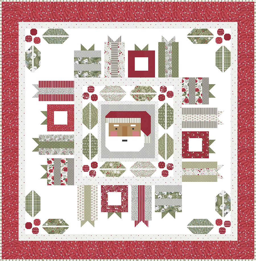 "Jolly Holiday" Christmas medallion quilt by Vanessa Goertzen of Lella Boutique. Jelly Roll friendly!! Fabric is Christmas Eve by Lella Boutique for Moda Fabrics (arriving May 2023). Cute Santa quilt block, holly and berry blocks, and a variety of gift blocks all in one!