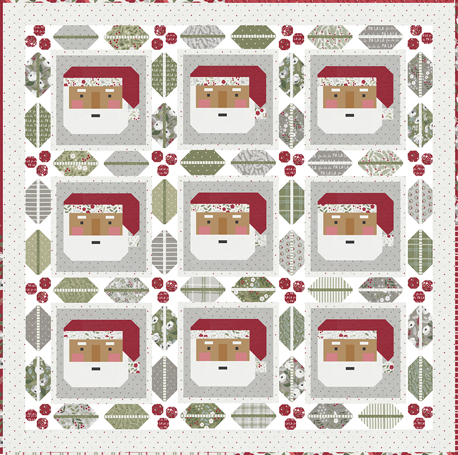 St. Nick quilt in Christmas Eve fabric by Lella Boutique for Moda Fabrics. Cute Santa quilt made with a jelly roll, framed in holly and berry leaf units. Download the PDF here!