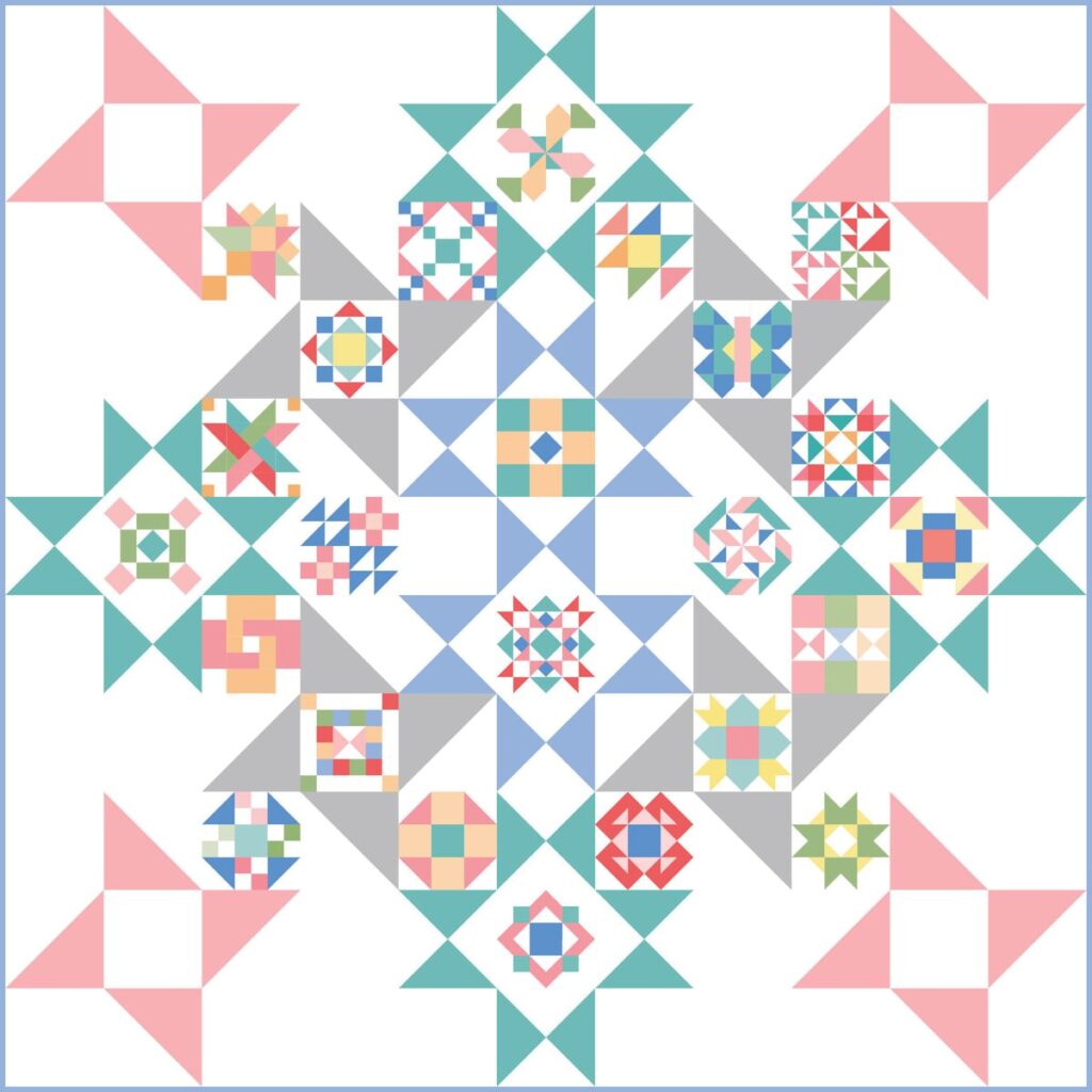 Sewcialites 2 free block of the week hosted by Fat Quarter Shop. Free layout uses 3",  6", or 9" sampler blocks.