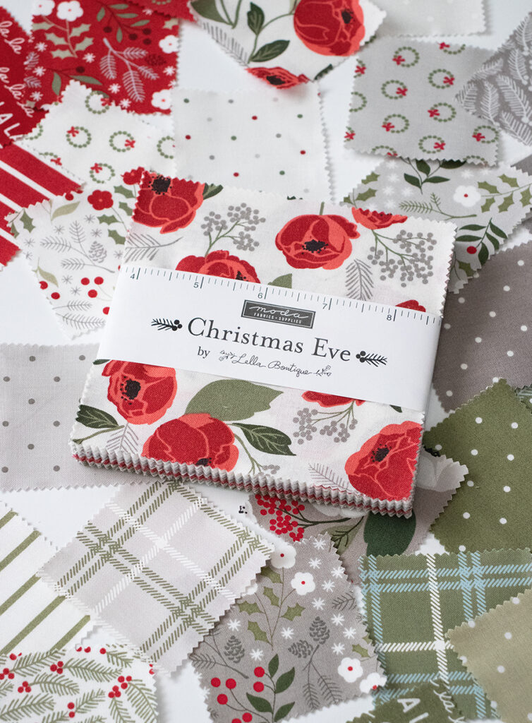 Charm pack of Christmas Eve fabric by Lella Boutique for Moda Fabrics. Arriving to shops May 2023.