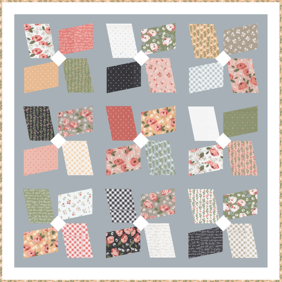 Easy Breezy layer cake quilt by Vanessa Goertzen of Lella Boutique. Cute windmill quilt made in Country Rose fabric.