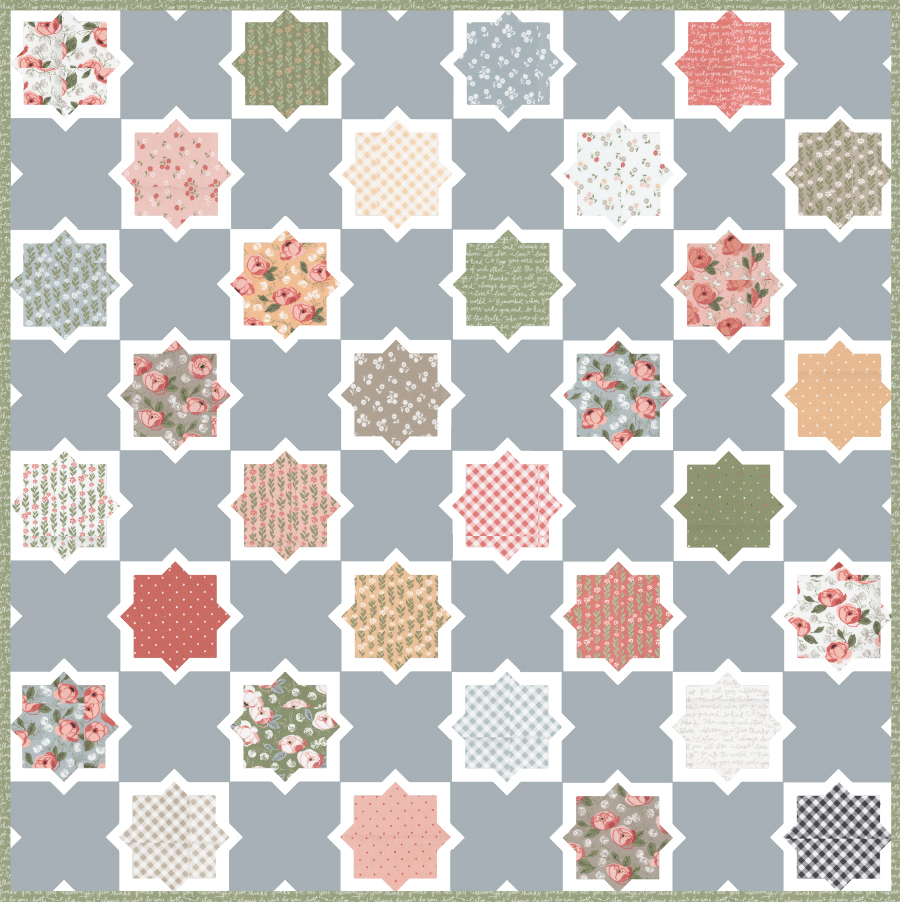 Hubba Hubba geometric tile quilt by Lella Boutique. Make it with a layer cake of Country Rose fabric
