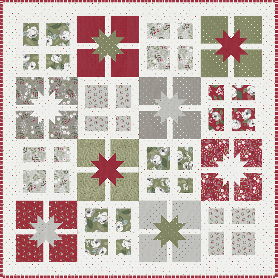 Hustle & Bustle gift quilt pattern by Lella Boutique. Fabric is Christmas Eve by Lella Boutique for Moda Fabrics arriving May 2023. Make it with fat quarters.