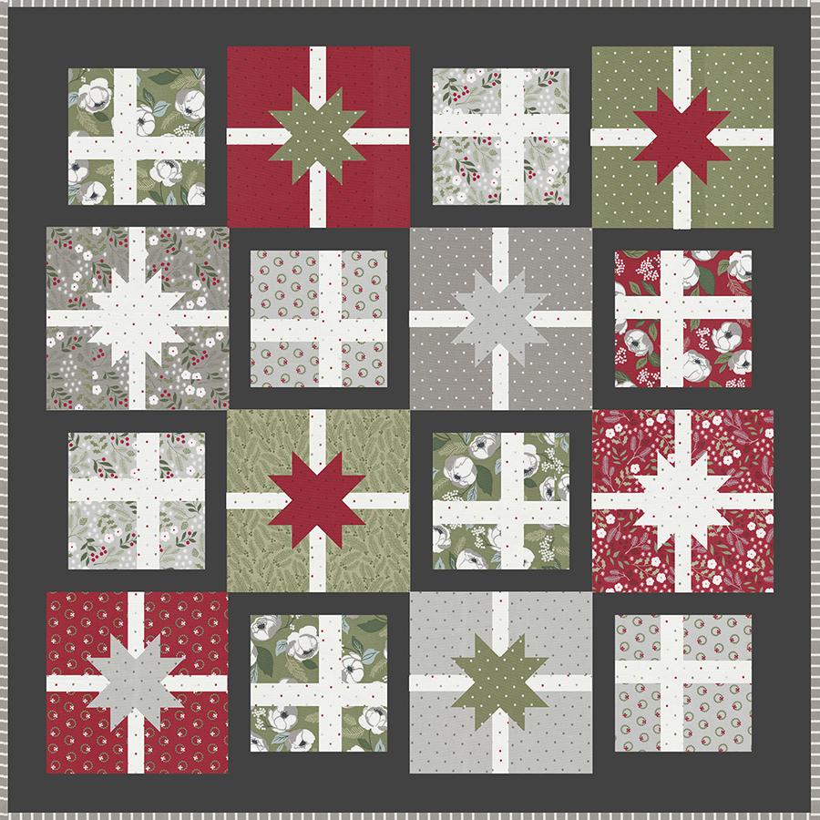 Hustle & Bustle gift quilt pattern by Lella Boutique. Fabric is Christmas Eve by Lella Boutique for Moda Fabrics arriving May 2023. Make it with fat quarters.