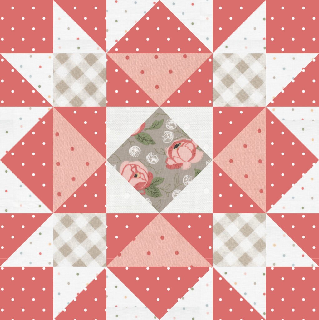 Sewcialites 2 free block of the week. Block 10 is "Flourish" by Lori Holt. Fabric is Country Rose for Moda Fabrics. Download the free block here!