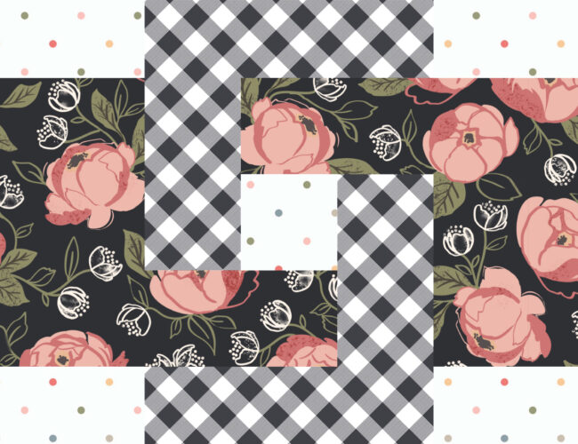 Sewcialites 2 free block of the week. Block 15 is "Brighten" by Minki Kim. Fabric is Country Rose by Lella Boutique for Moda Fabrics. Get the free block pattern here.