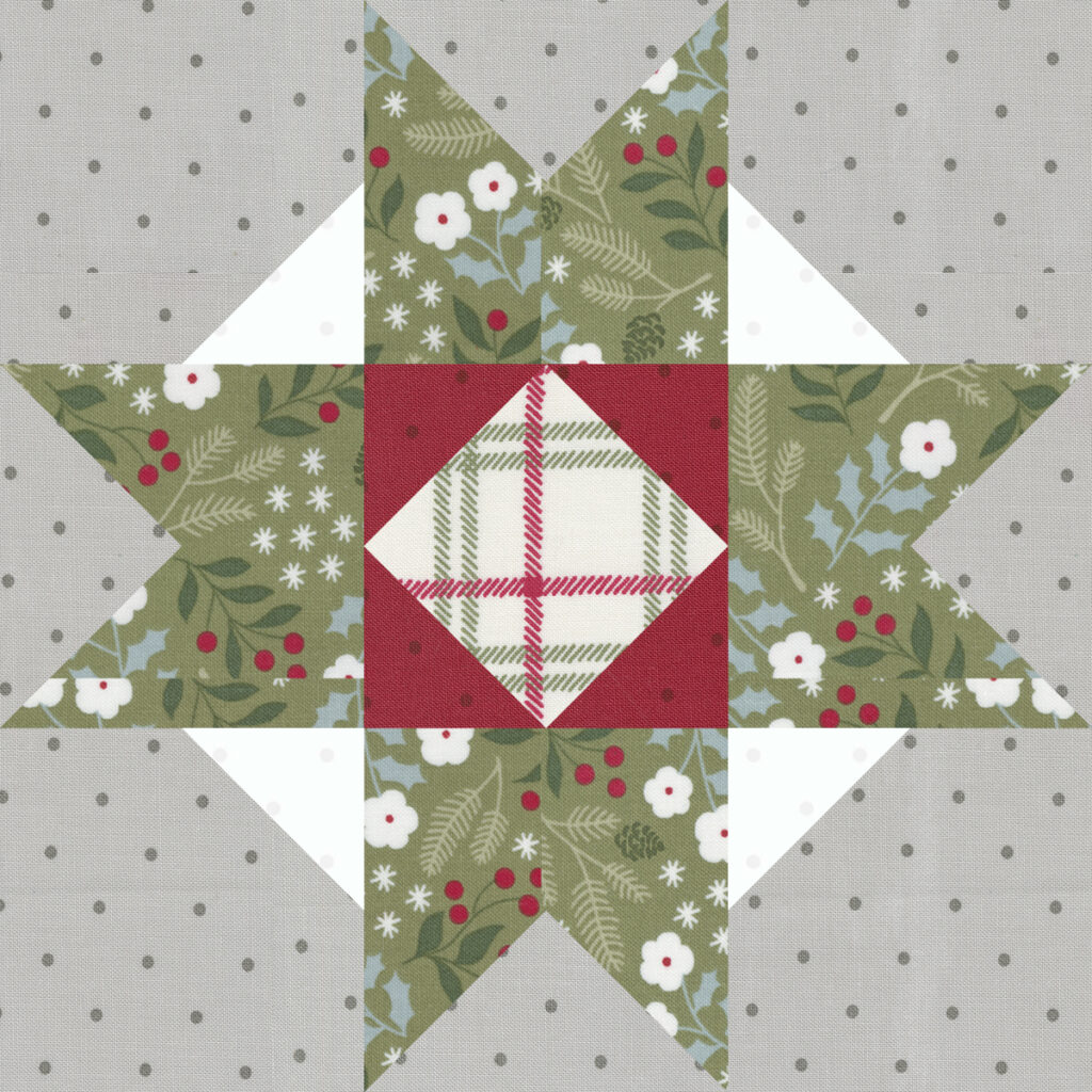 Sewcialites 2 Block 23 "Changeling Star" by Andy Knowlton of A Bright Corner. Fabric is Christmas Eve by Lella Boutique for Moda Fabrics. Download the free block pattern here.