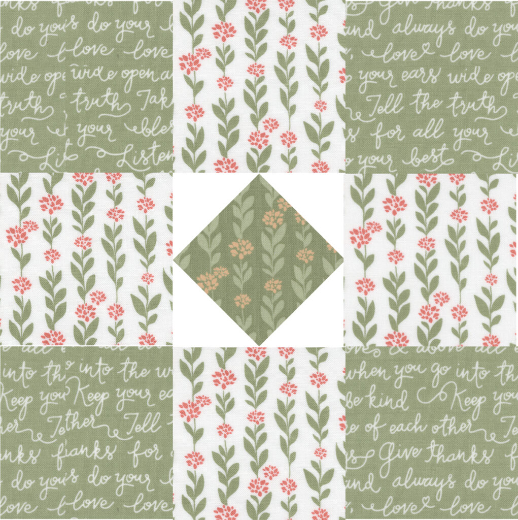 Sewcialites 2 free block of the week. Block 9 is "New Plus Old' by Brigitte Heitland of Zen Chic. Fabric is Country Rose by Lella Boutique for Moda Fabrics. Download the free pattern here!