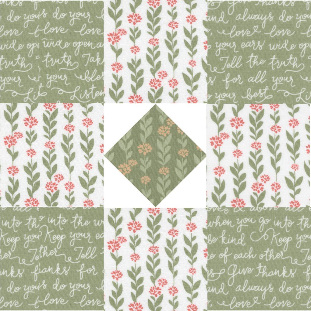 Sewcialites 2 free block of the week. Block 9 is "New Plus Old' by Brigitte Heitland of Zen Chic. Fabric is Country Rose by Lella Boutique for Moda Fabrics. Download the free pattern here!