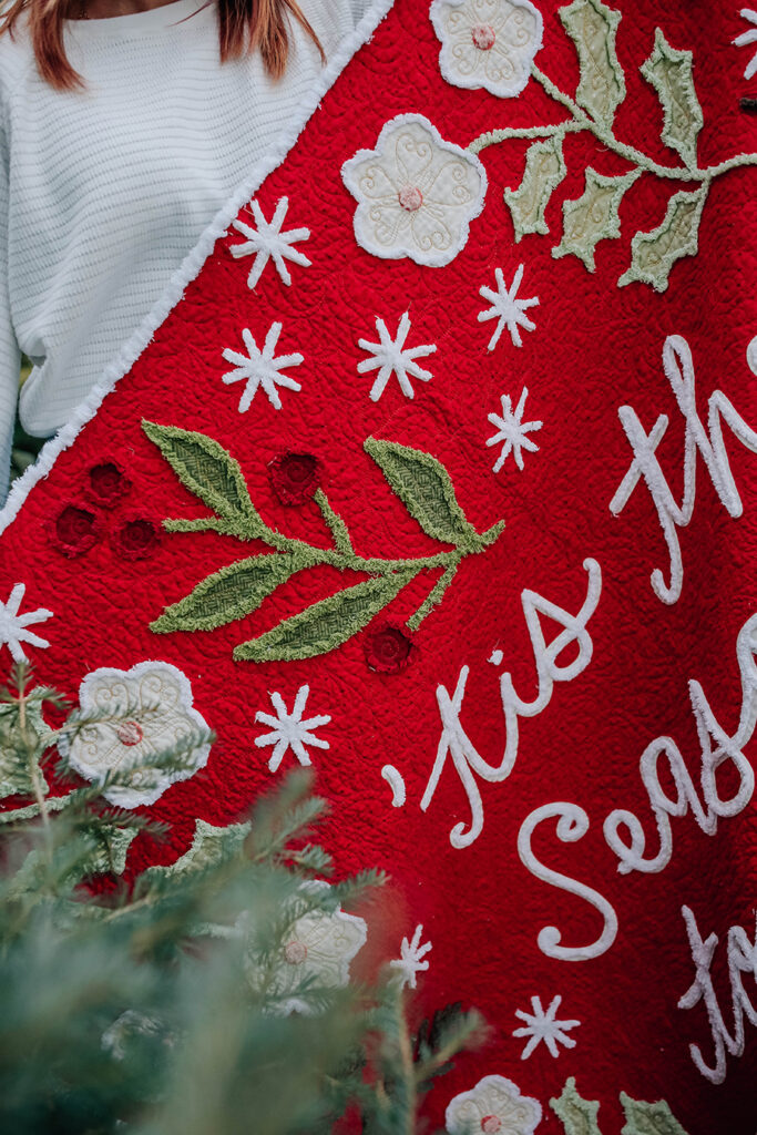 'Tis the Season Christmas panel by Lella Boutique for Moda Fabrics. Shipping May 2023. Here it is embellished with Chenille-It blooming bias strips for texture. Join the Lella Boutique + Chenille-It Sew Along to make one in July 2023!