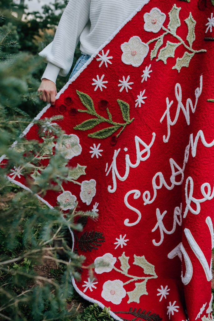 'Tis the Season Christmas panel by Lella Boutique for Moda Fabrics. Shipping May 2023. Here it is embellished with Chenille-It blooming bias strips for texture. Join the Lella Boutique + Chenille-It Sew Along to make one in July 2023!