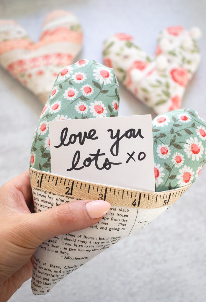 My Funky Valentines - FREE stuffed heart pattern from Lella Boutique. Fabric is Love Note by Lella Boutique for Moda Fabrics. Download the free pattern here.