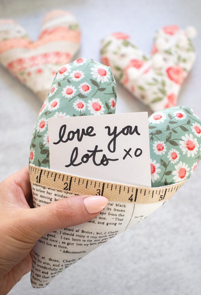 My Funky Valentines - FREE stuffed heart pattern from Lella Boutique. Fabric is Love Note by Lella Boutique for Moda Fabrics. Download the free pattern here.