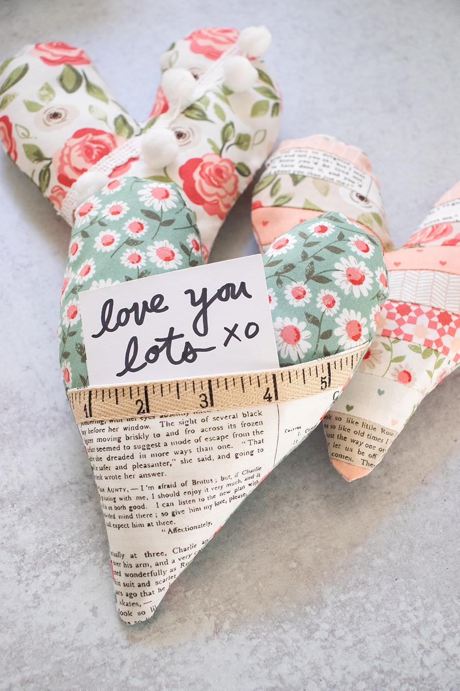 My Funky Valentines - FREE stuffed heart pattern from Lella Boutique. Fabric is Love Note by Lella Boutique for Moda Fabrics. Download the free pattern here.