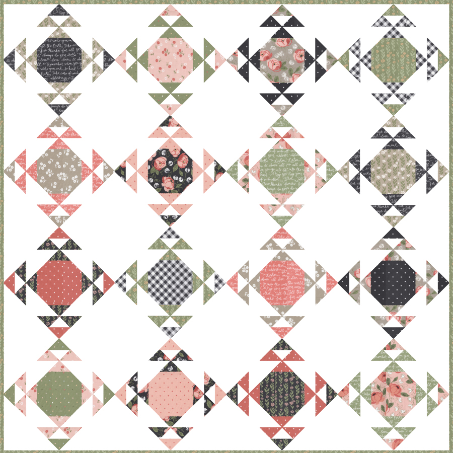 Moonwake geometric quilt by Lella Boutique. Fat quarter friendly. Fabric is Country Rose by Lella Boutique for Moda.