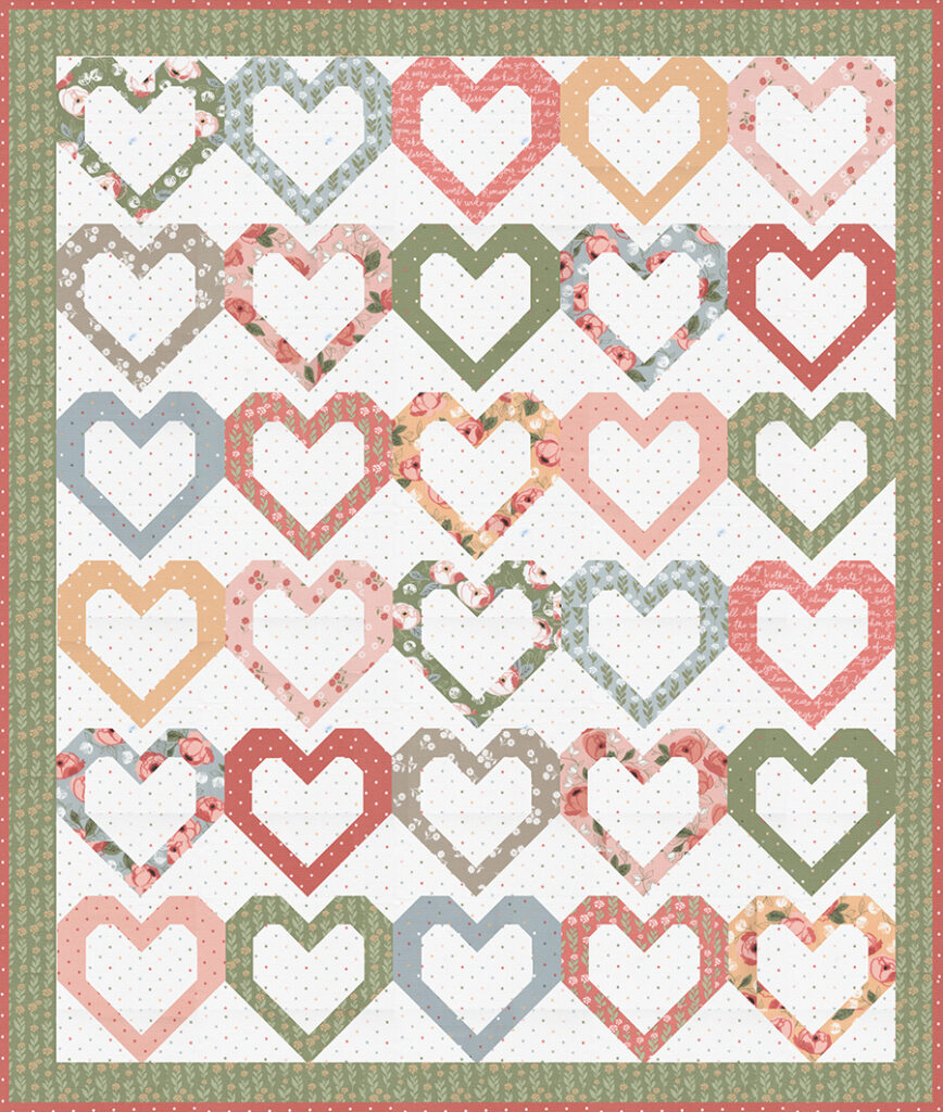 Open Heart quilt by Vanessa Goertzen of Lella Boutique. Make it with fat eighths or fat quarters. Fabric is Country Rose by Lella Boutique for Moda Fabrics.