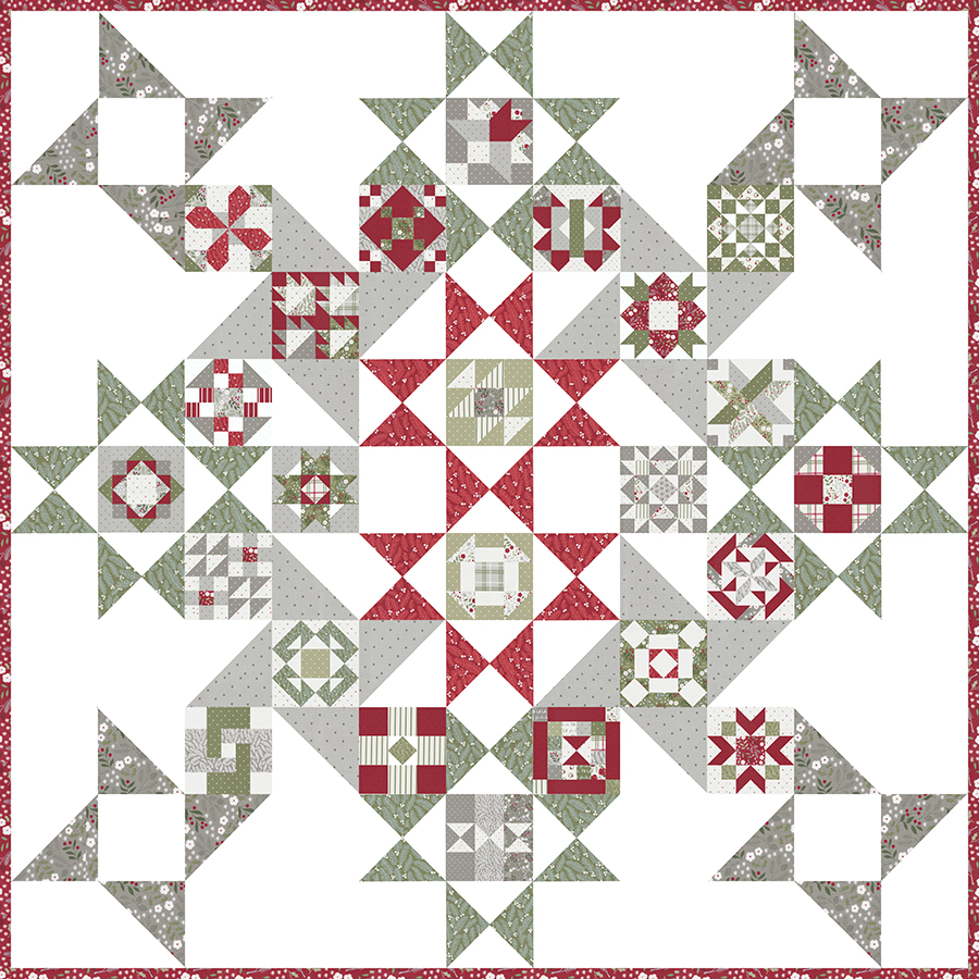 Sewcialites 2 free block of the week. Free layout for 6" sampler blocks. Fabric is Christmas Eve by Lella Boutique for Moda Fabrics