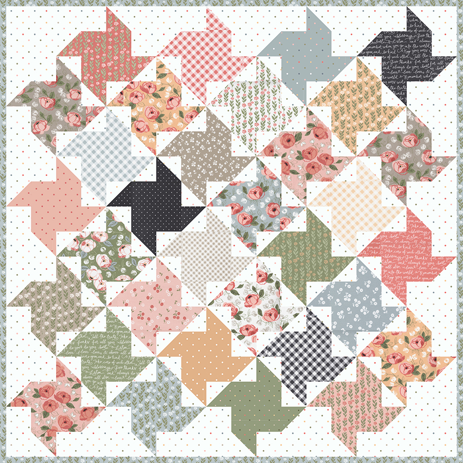 Twirl pinwheel quilt by Lella Boutique. Beginner friendly quilt using fat quarters, fat eighths, or Layer Cakes! Fabric is Country Rose by Lella Boutique