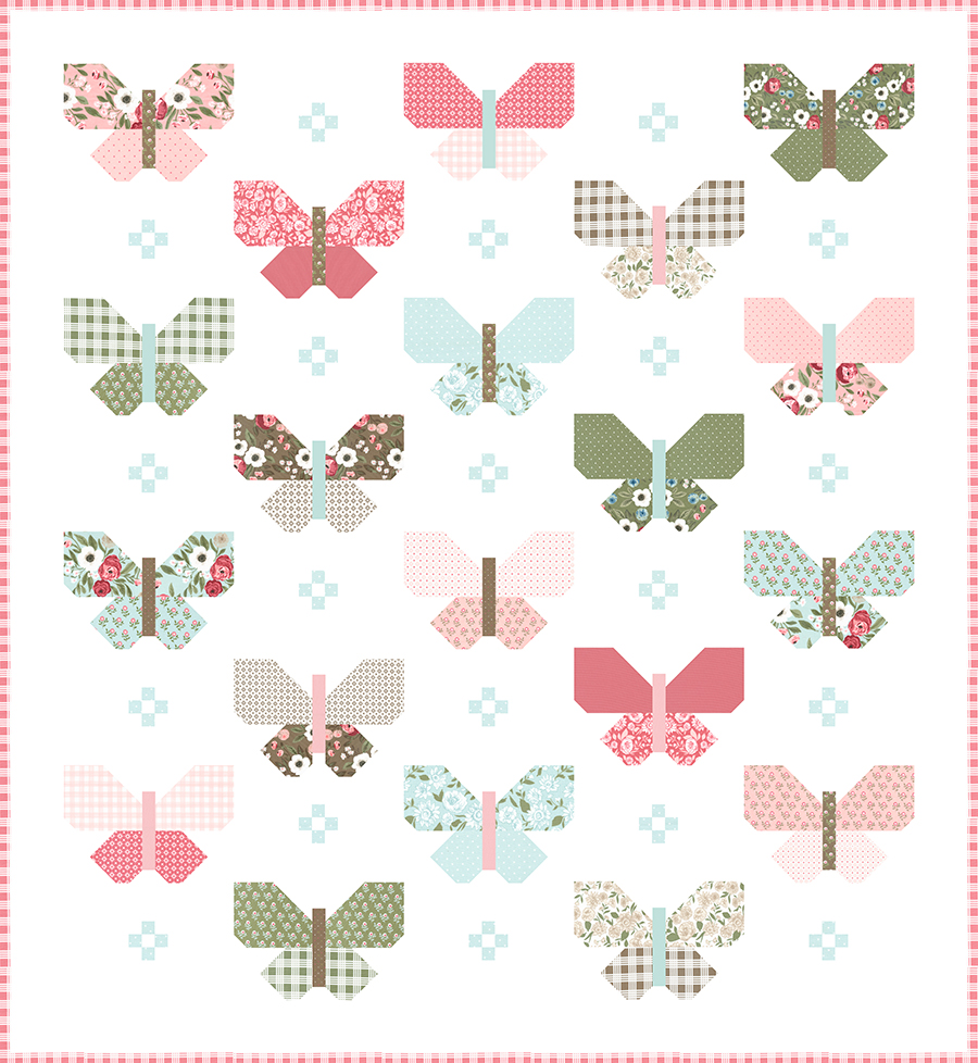"Flutter" butterfly quilt by Lella Boutique. Fat eighth friendly. Simple butterfly quilt made in Lovestruck fabric by Lella Boutique for Moda Fabrics (Nov 2023). Download the PDF here.
