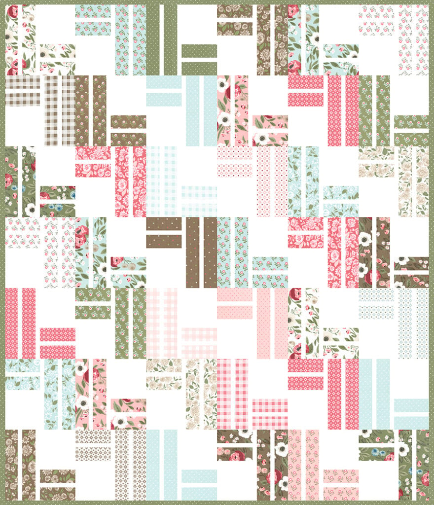 "Stairway to Heaven" jelly roll quilt by Lella Boutique. Beginner friendly geometric quilt in Lovestruck fabric. Download the pattern here.