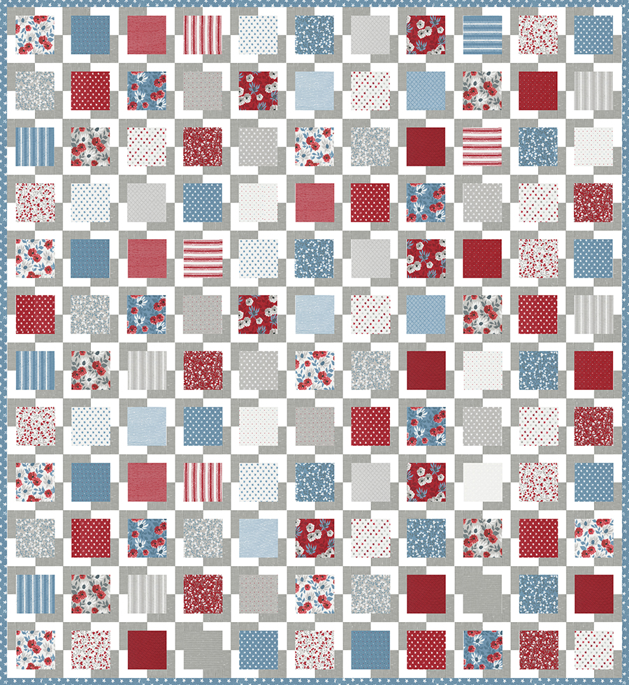 Iconic 2 geometric quilt by Lella Boutique. Make it with charm packs or a Layer Cake. Fabric is Old Glory by Lella Boutique for Moda. Download the PDF here.