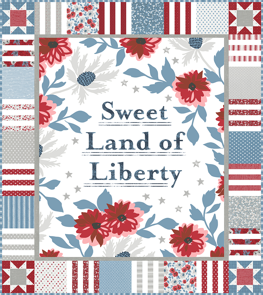Sweet Land layer cake quilt featuring the Sweet Land of Liberty quilt panel. Fabric is Old Glory by Lella Boutique for Moda Fabr