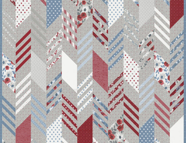 Modern Herringbone 4th of July quilt by Lella Boutique. Make it with fat quarters and a honeybun. Fabric is Old Glory by Lella Boutique for Moda Fabrics. Download the PDF here.